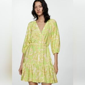 Mango Green and White Floral Long Sleeve Dress